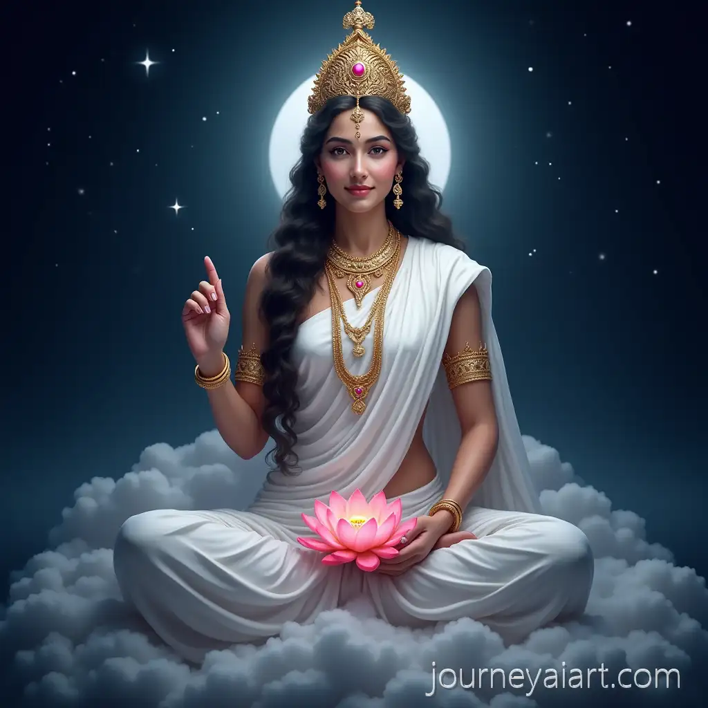 Lord-Saraswati-Devi-Sitting-on-Clouds-with-Moon-Stars-and-Pink-Lotus-in-Dark-Blue-Background