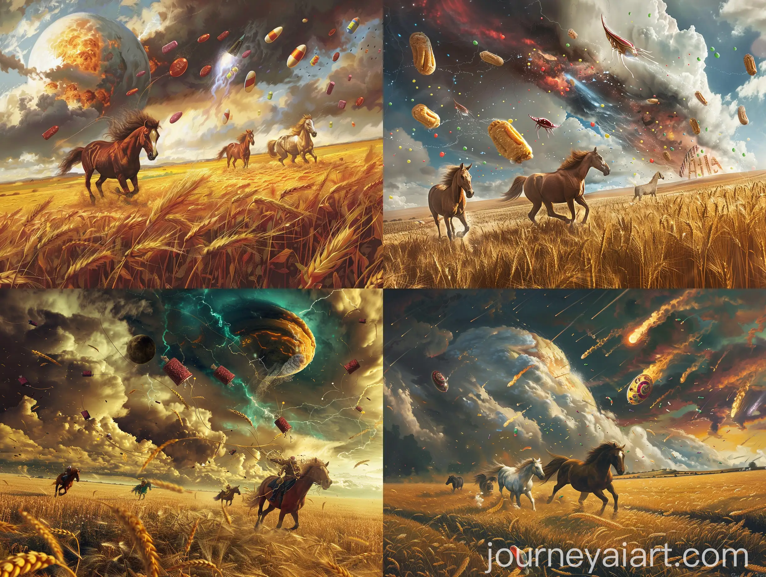 Horses-Running-on-Wheat-Field-Under-Stormy-Sky-with-Alien-Invasion