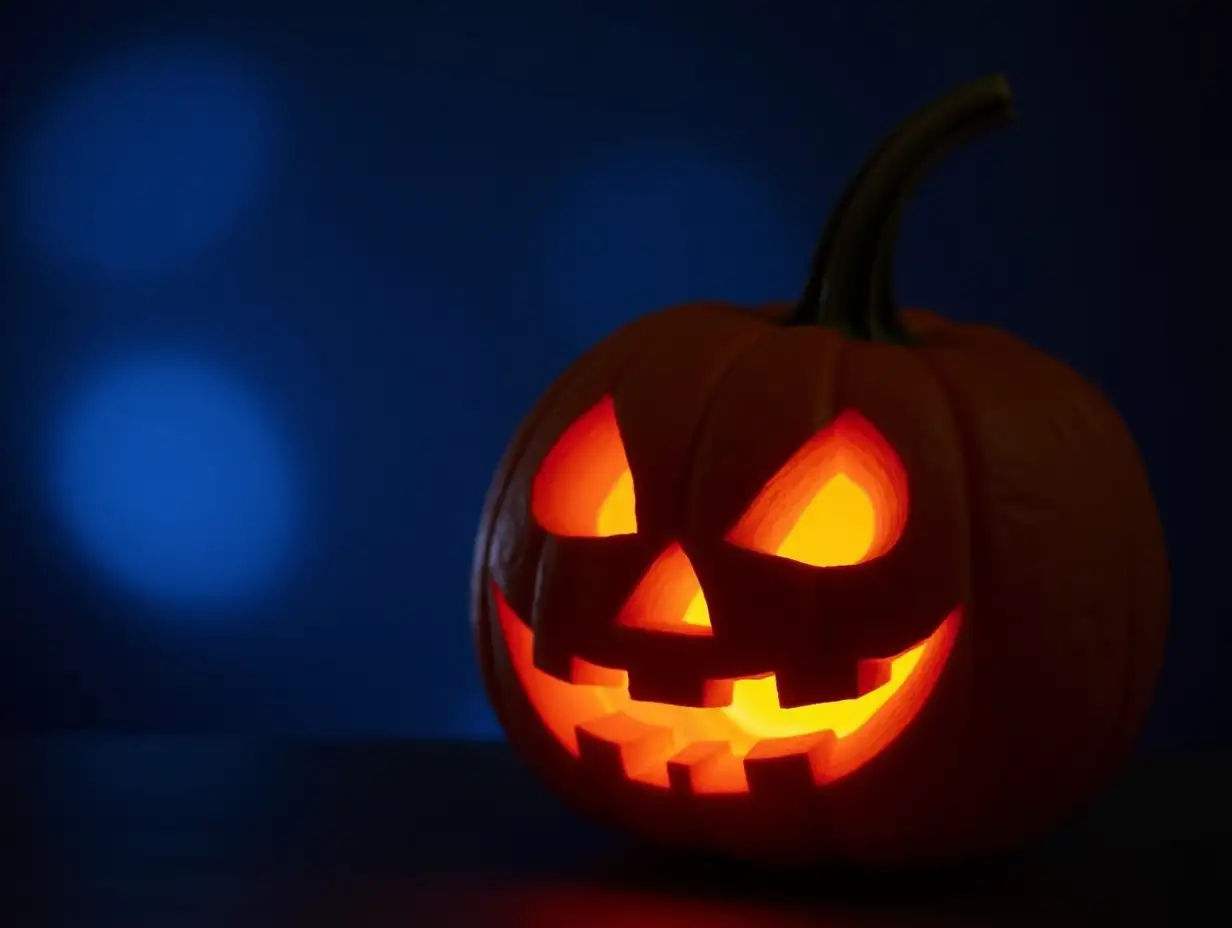 carved face of pumpkin glowing on Halloween on blue bokeh light background