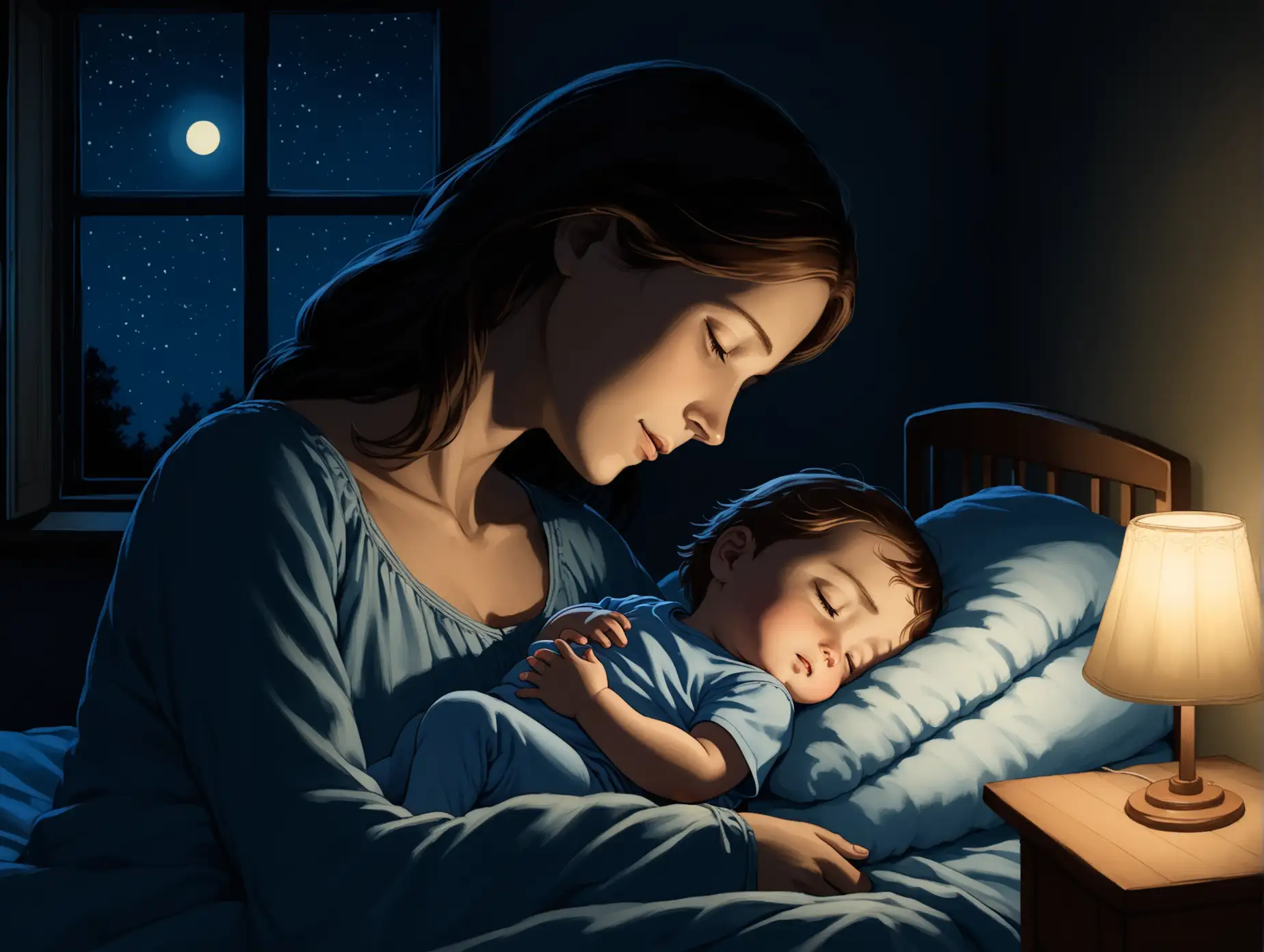 Mother-Watching-Over-Sleeping-Child-in-a-Serene-Nighttime-Scene