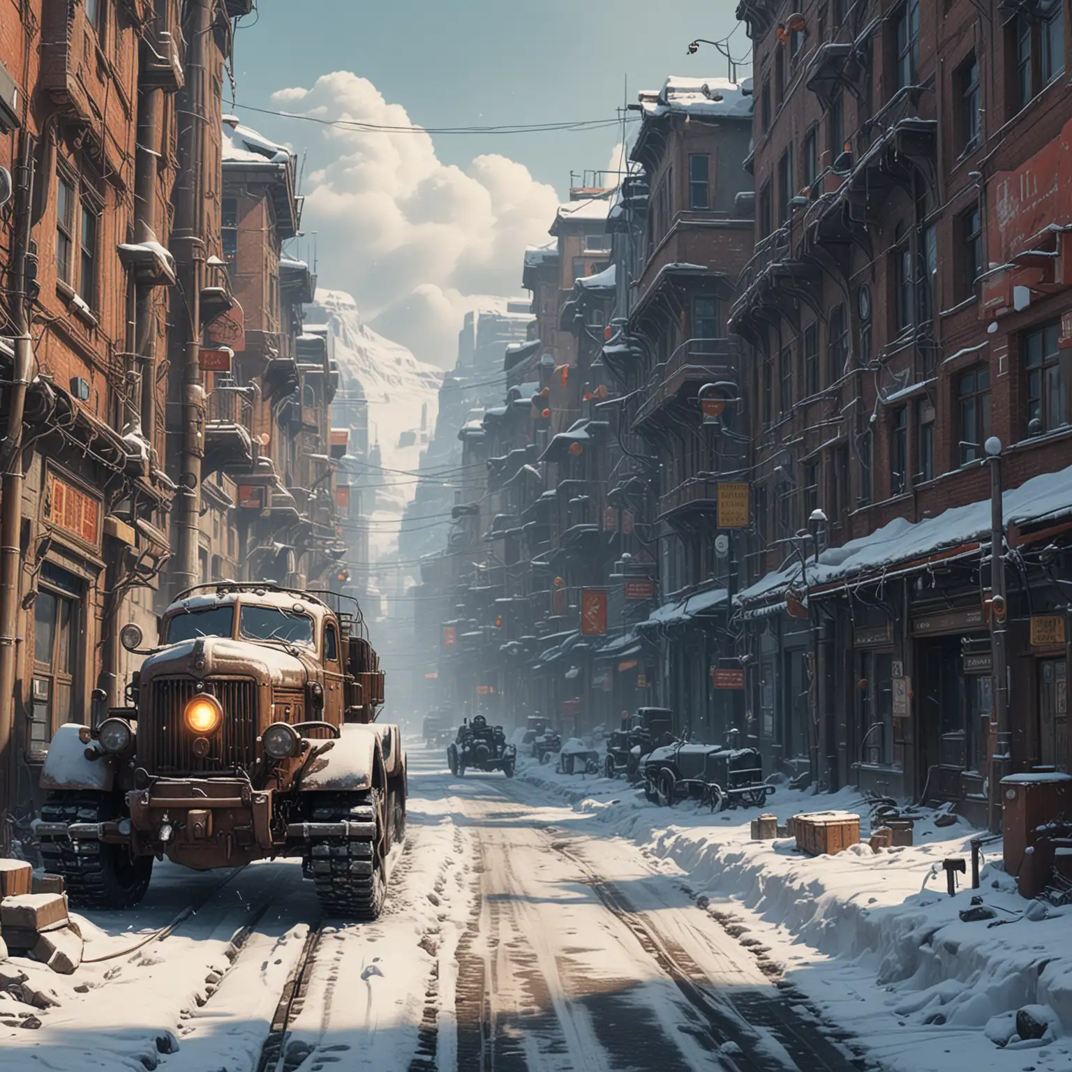 SnowCovered City of the Turgesh Khaganate in Dieselpunk Art Style