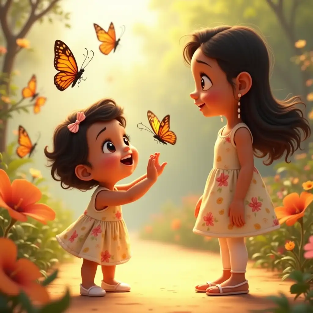 A 3D animated playful scene where a 2-year-old daughter with peach skin, big expressive brown eyes, and short, curly dark brown hair with a small bow, reaches out to catch the butterflies with her tiny hands. She wears a pale floral baby dress and soft white shoes. She giggles as the butterflies quickly flutter away, staying just out of reach. The butterflies swirl around her in a beautiful dance, moving gracefully in the sunlight. Her 30-year-old young mother, with a warm tan complexion, almond-shaped brown eyes, and long, wavy black hair tied in a loose ponytail, watches from a distance. She wears a modest pale-floral-patterned dress with white leggings and simple earrings. The background features vibrant flowers, swaying leaves, and soft golden light. The animation style is high-quality Pixar or DreamWorks, with smooth textures, fluid character animation, and detailed natural elements.