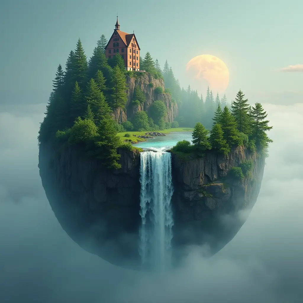 Create a globe with a building, forest, waterfall protruding from the upper half and a wooded sky with fog and moon