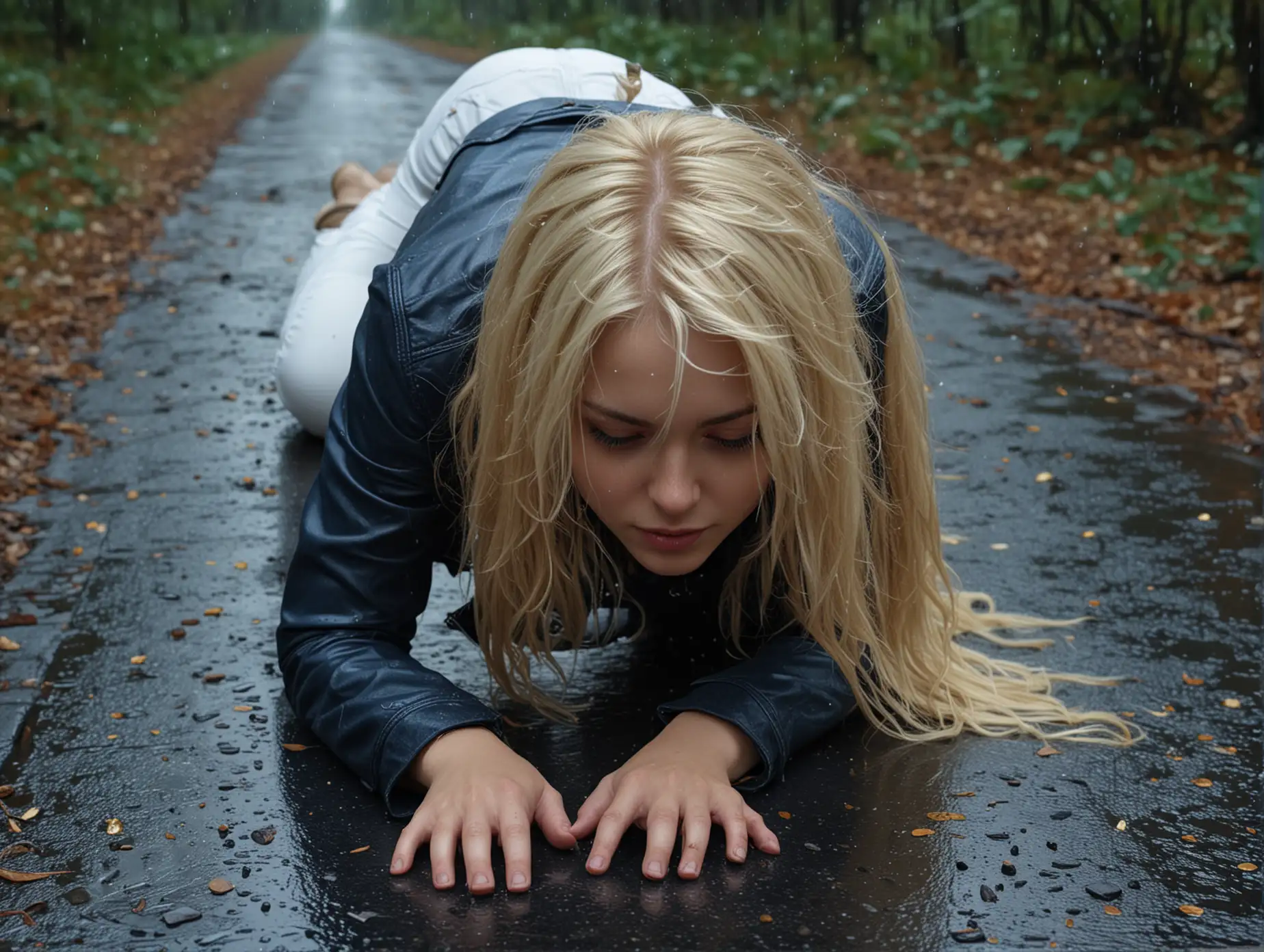 Woman-Crawling-in-Forest-with-Golden-Sparkling-Rain-in-HighResolution