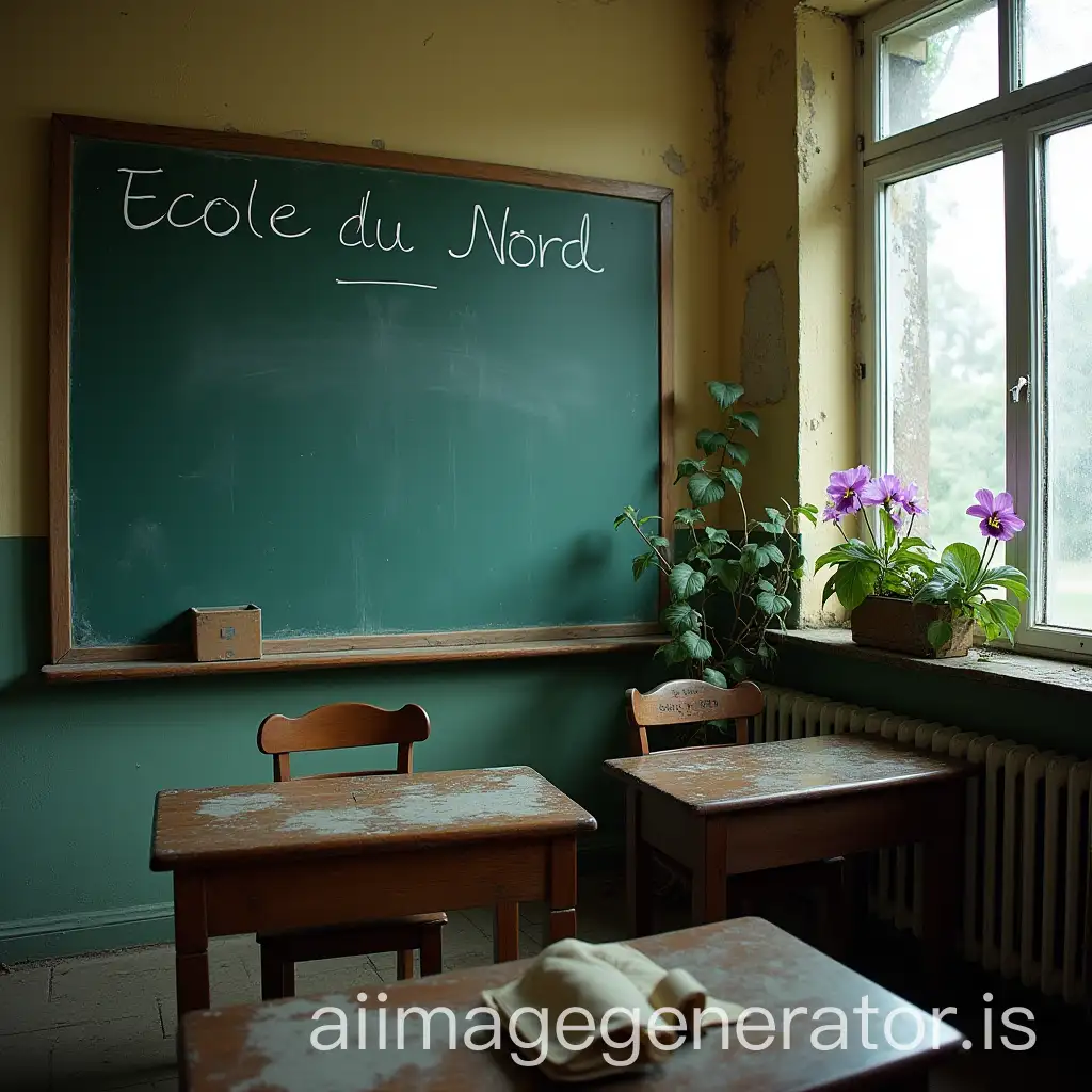 Abandoned-School-Classroom-with-Ecole-du-Nord-Sign-and-African-Violet-by-the-Window