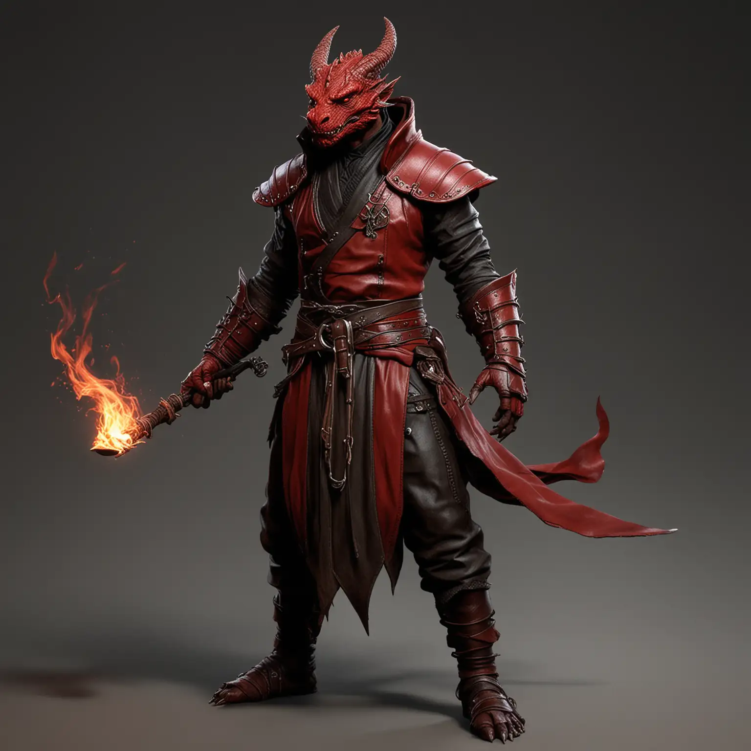 Male Red Dragonborn Monk Sorcerer Manipulating Magical Fire in Rogueish Outfit