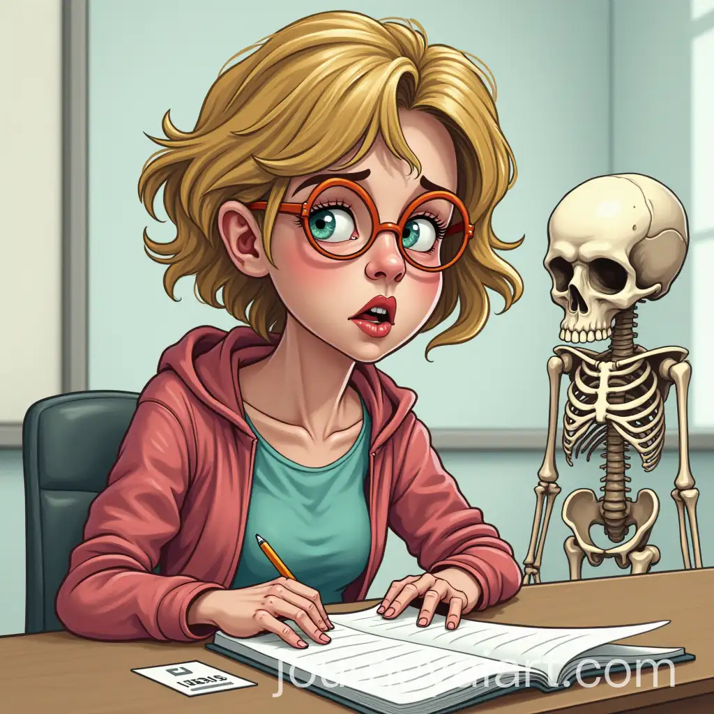 Caricature-of-a-Nerdy-Student-Explaining-Skeleton-Anatomy-During-Exam