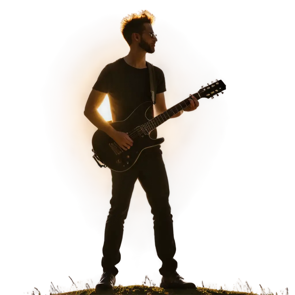 Adult-Man-Playing-Guitar-on-a-Hill-Silhouette-PNG-with-Sky-and-Sun-Background