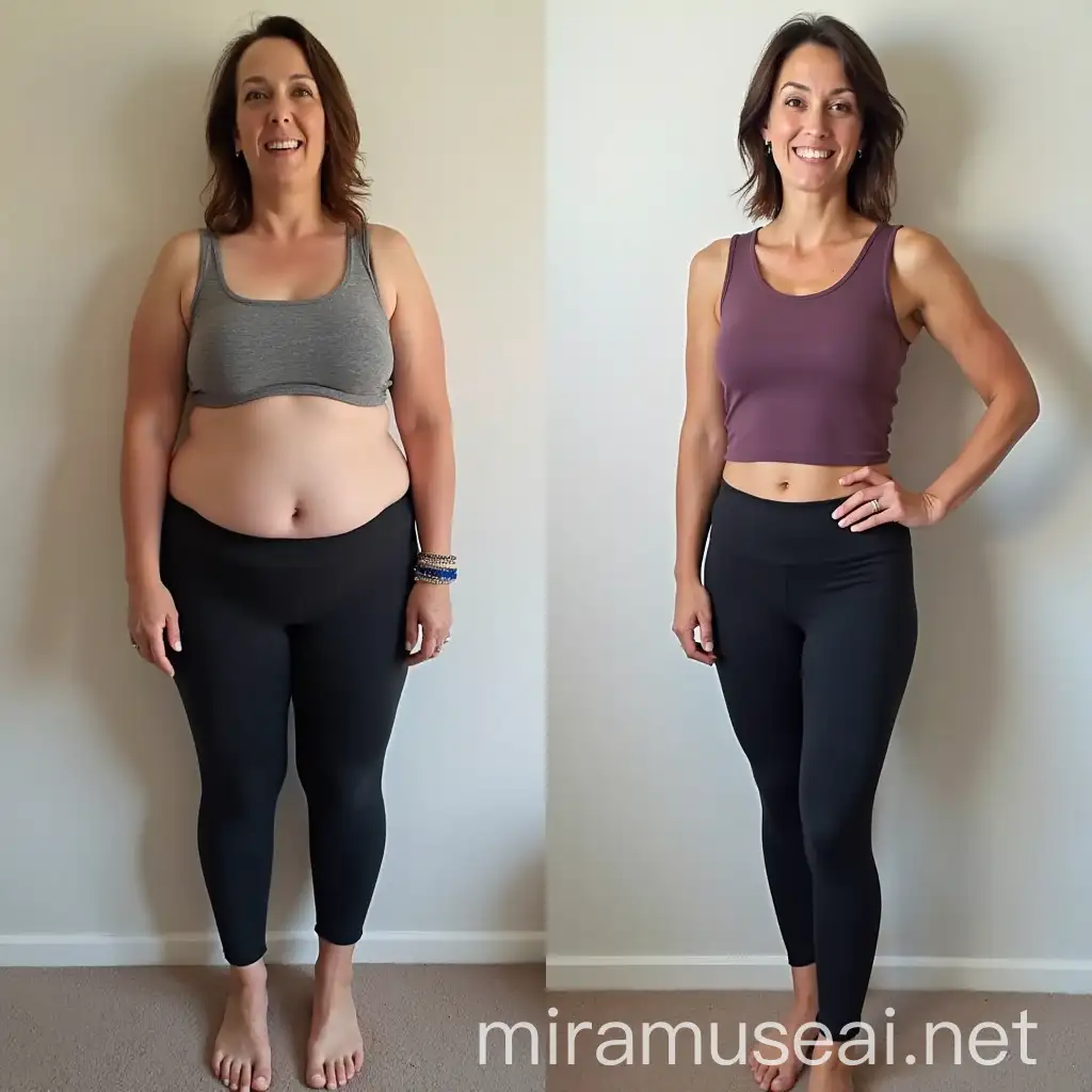 Side-by-side 'before and after' photos of an attractive woman, middle-aged, who has lost weight, was chubby and is now in very good shape, wearing tight sportswear