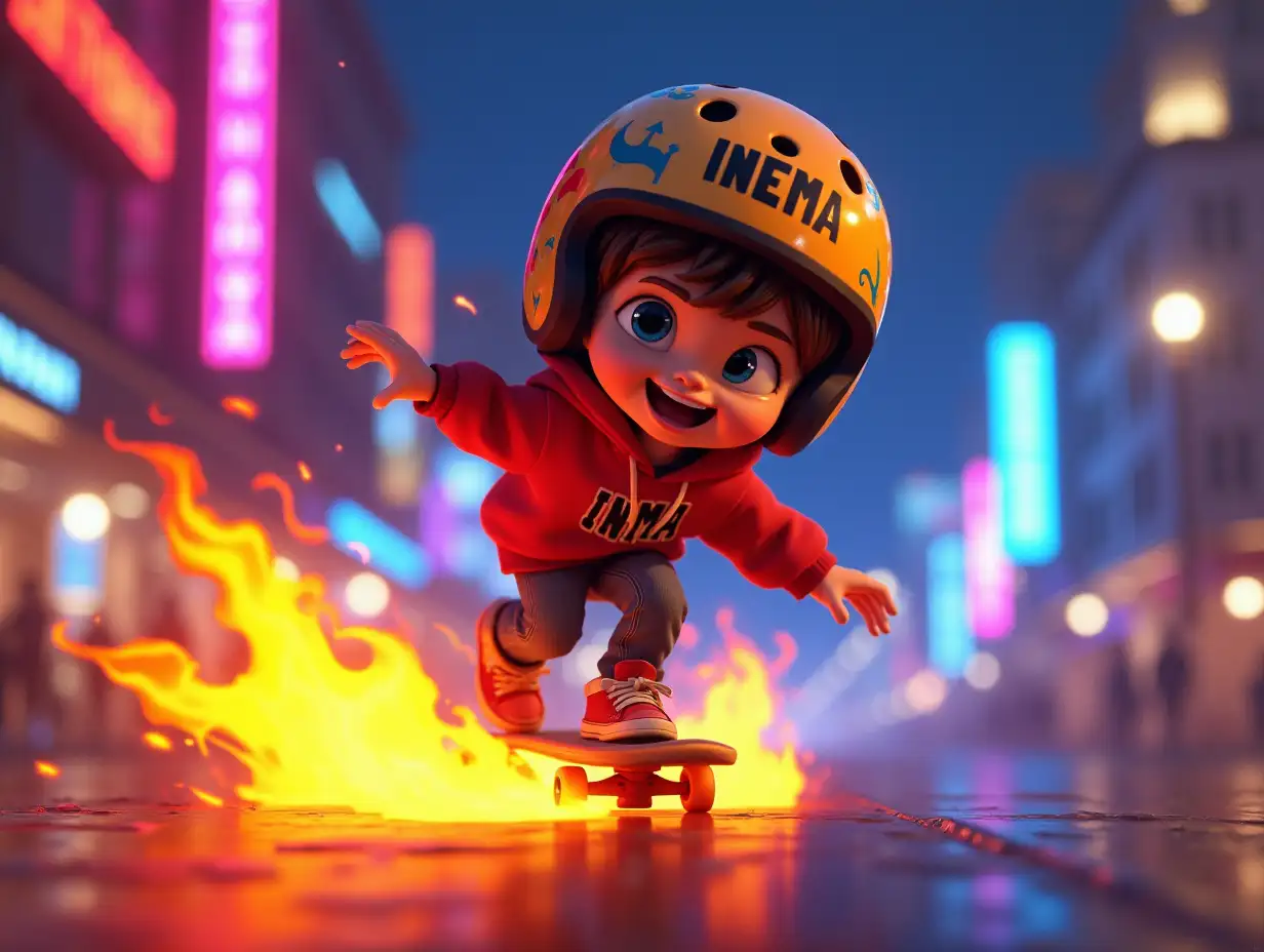 A vibrant, light 3D animation of a teenage boy wearing a helmet with the text 'INEMA' riding a skateboard in flames on a city street at night lit by neon lights, featuring dynamic motion blur, detailed fire effects, and a bold color palette of orange, yellow, electric blue, and magenta.