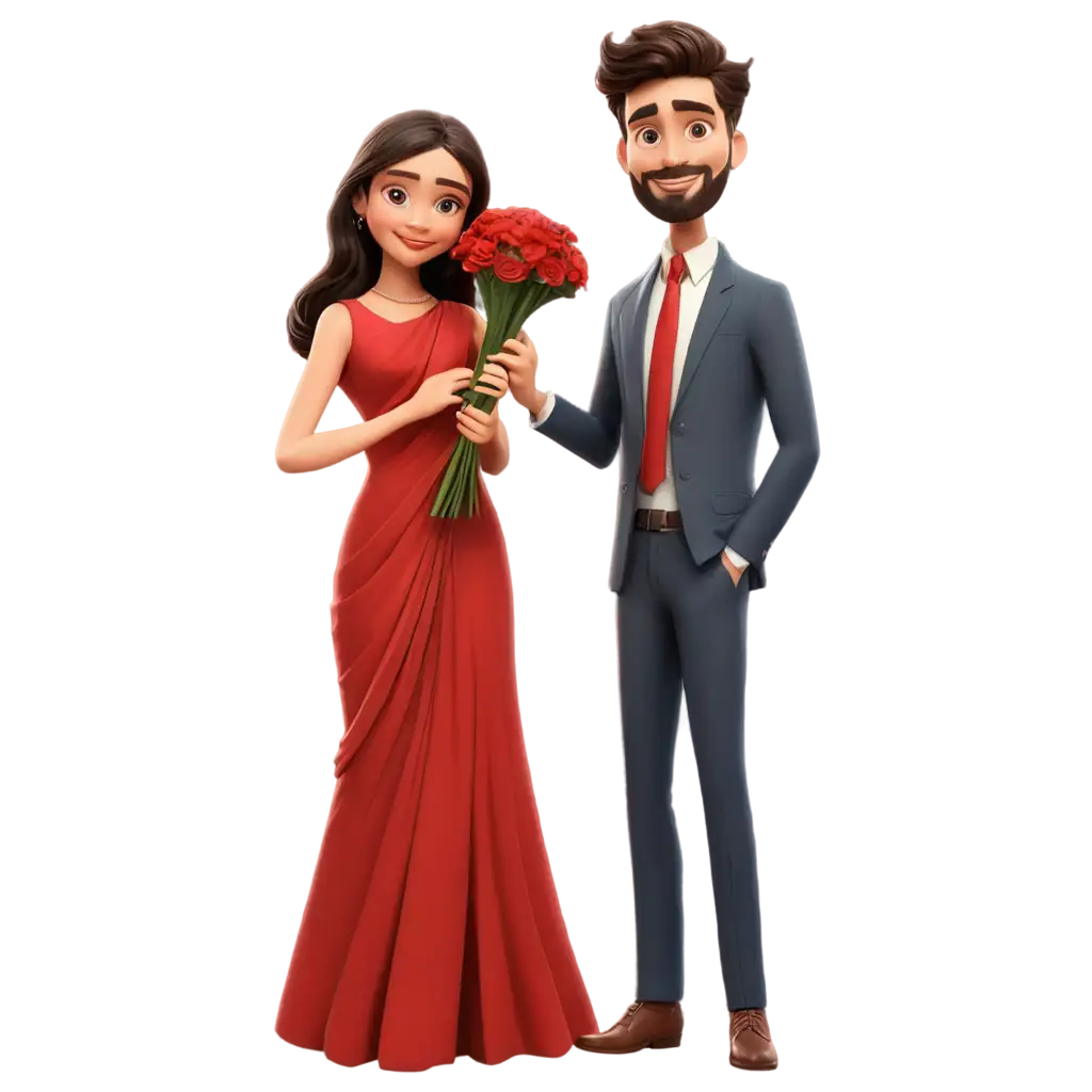 Homecoming-Couple-Cartoon-PNG-Image-Girl-in-Red-Saree-and-Bearded-Boy-in-Suit-for-Special-Occasions