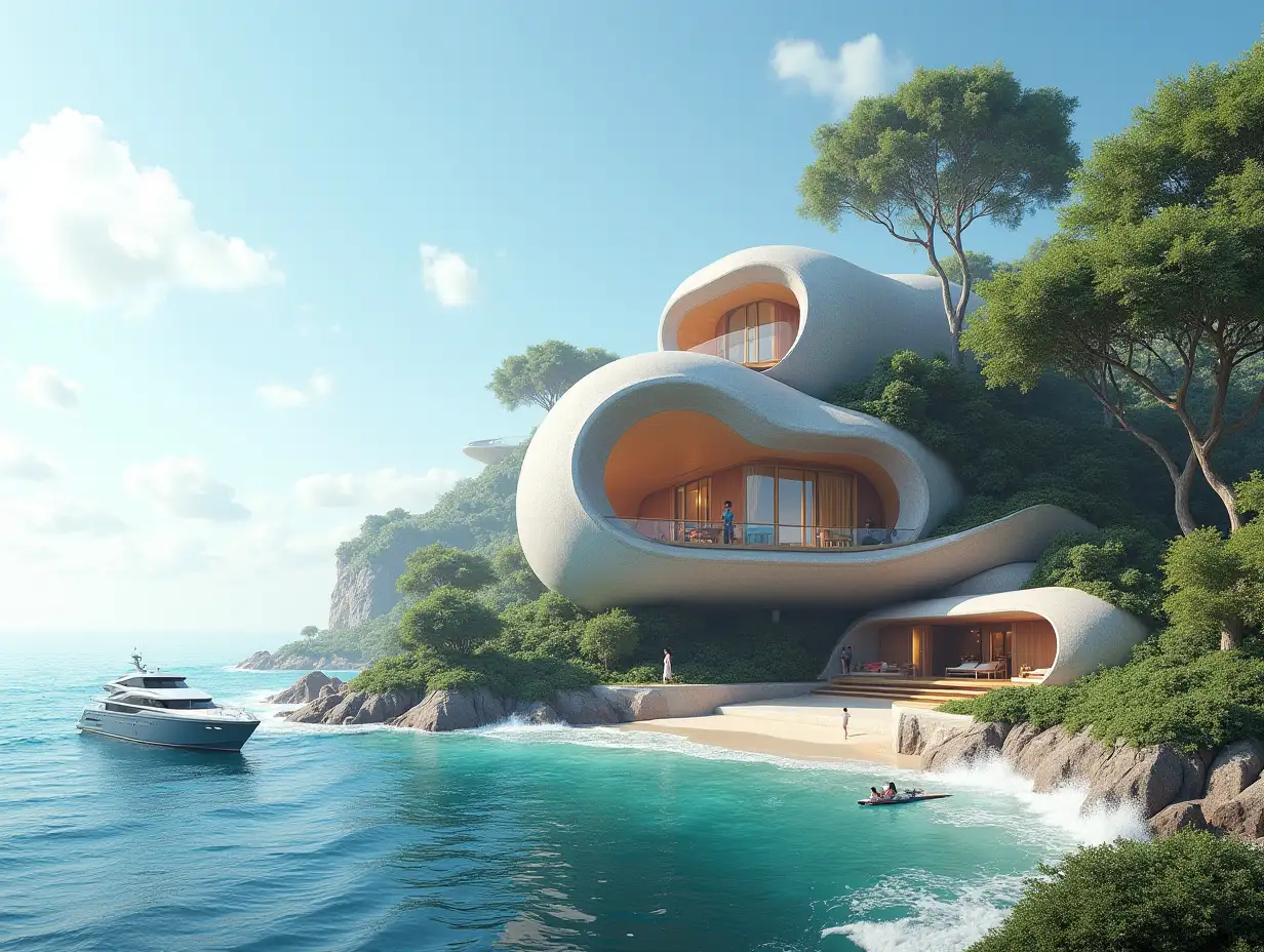 Create a high-resolution, realistic panoramic image of a futuristic terrace building with a snail house window bridge, a yacht and a small beach with people, many plants and grey and brown facades with sea with waves, big trees, blue sky