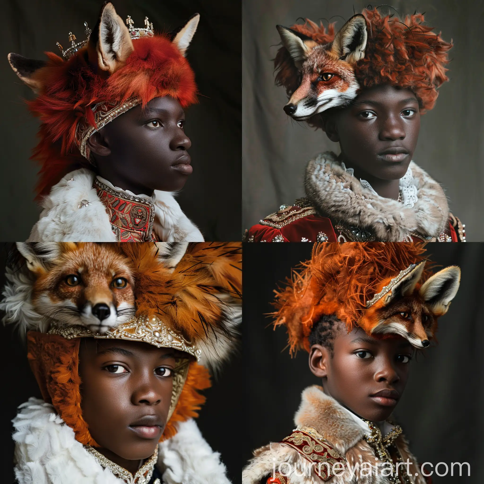Young-Black-Teenage-Boy-in-Red-Fox-Taxidermy-Headwear-and-Royal-Attire