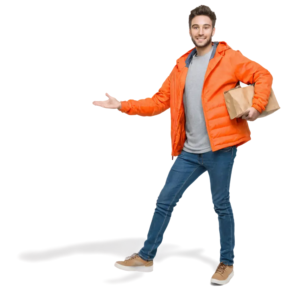 A food delivery driver, orange jacket with a smiling face