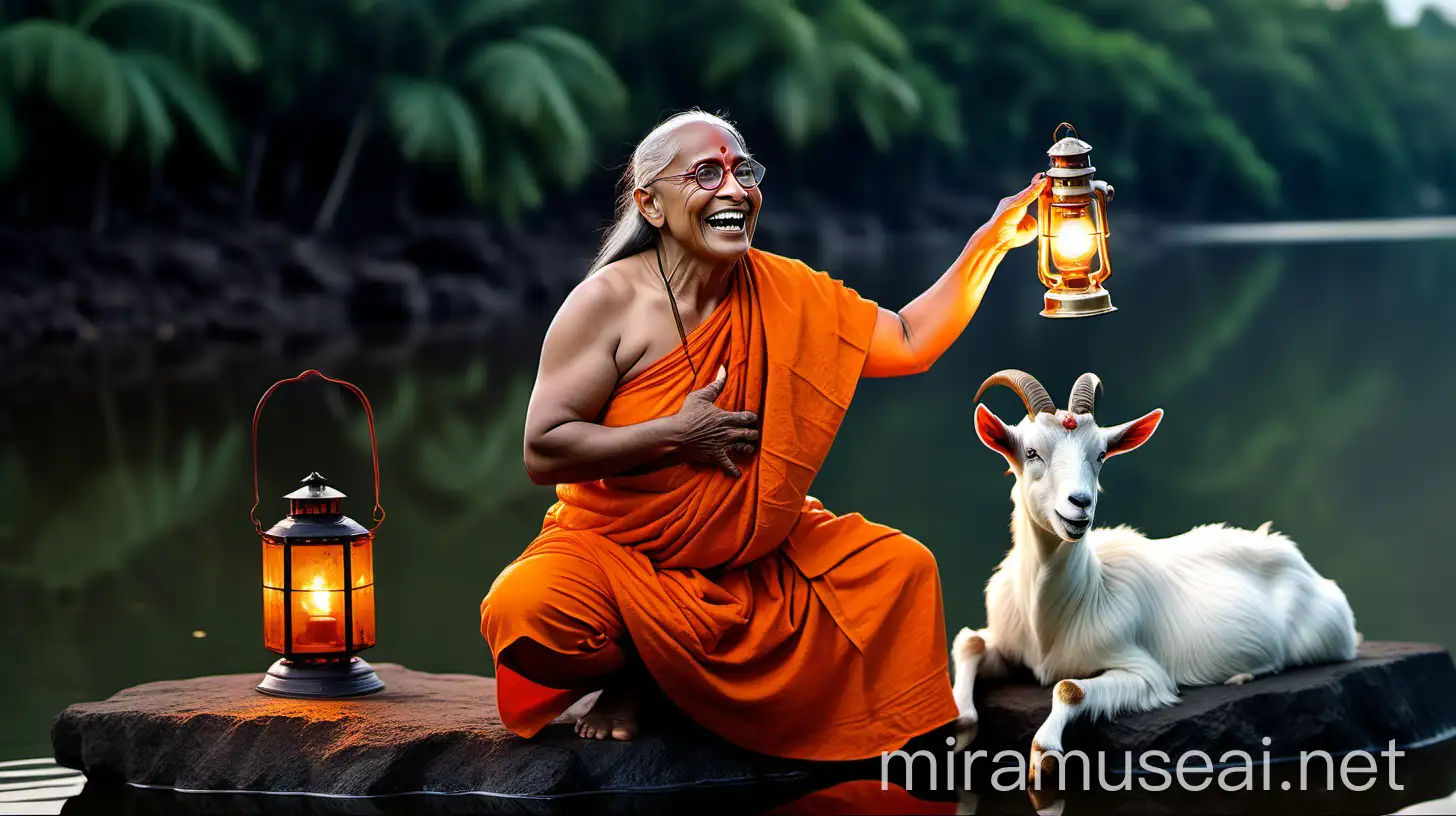 Elderly Hindu Monk Woman Laughing with Goat by Pond at Night