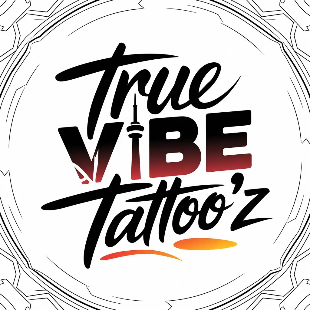 LOGO Design for True Vibe Tattooz Black Gradient Maple Leaf CN Tower with Signature Font and Circle Outline