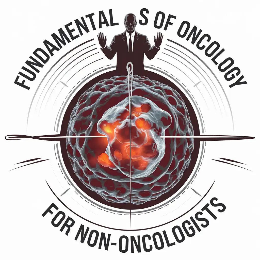 a vector logo design,with the text "Fundamentals of oncology for non-oncologists", main symbol:cancer cell and oncologist doctor,complex,clear background