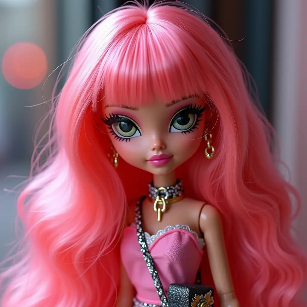 A Bratz doll photo. Exactly like that. Name: Vlada, accessories: house keys, comb, lipstick, perfume