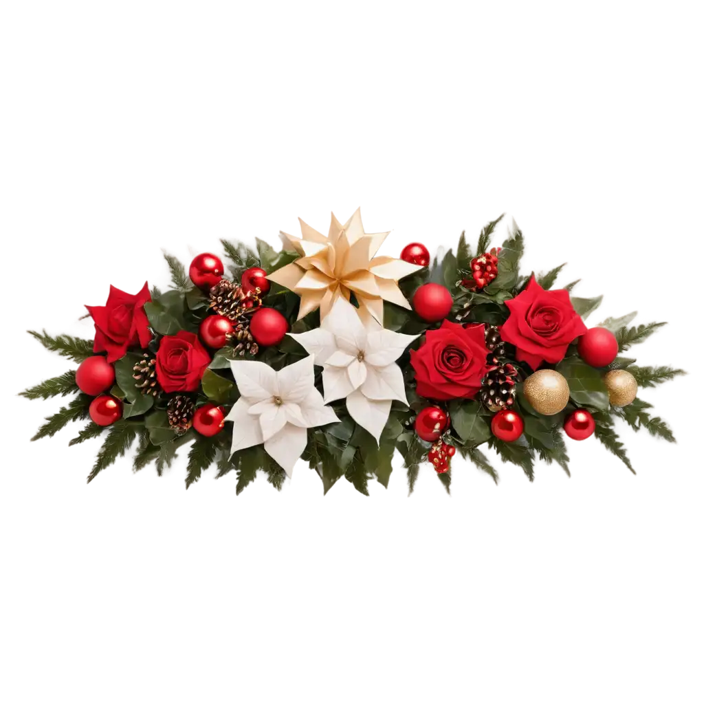 Horizontal-Cluster-Arrangement-of-Christmas-Decorations-PNG-Image-Festive-Gold-and-Red-Balls-Holly-Poinsettias-Ivy-Roses-Berries-and-Silk-Bow