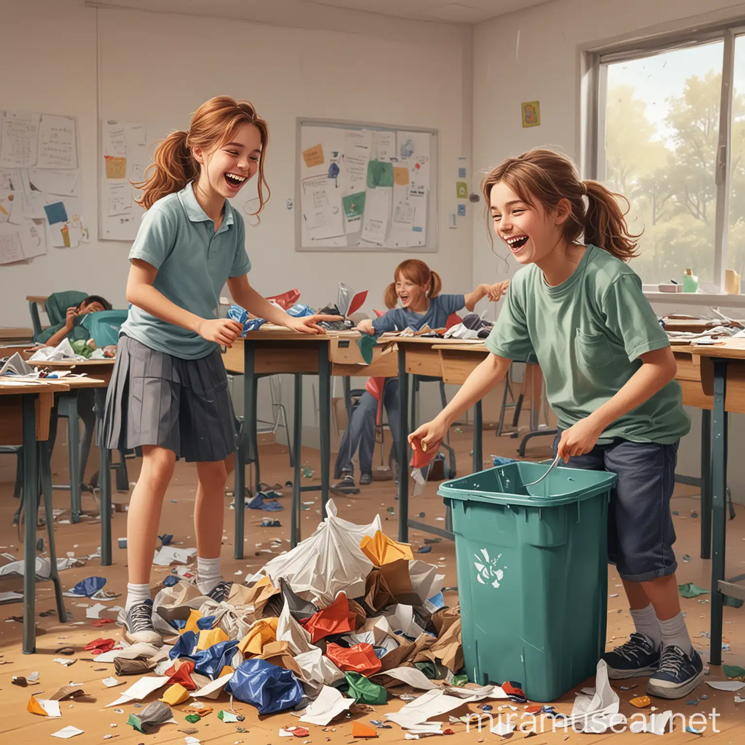 Image of a press illustration style in colors, a girl and a 16-year-old boy picking up trash, in a classroom, they are happy and laughing together