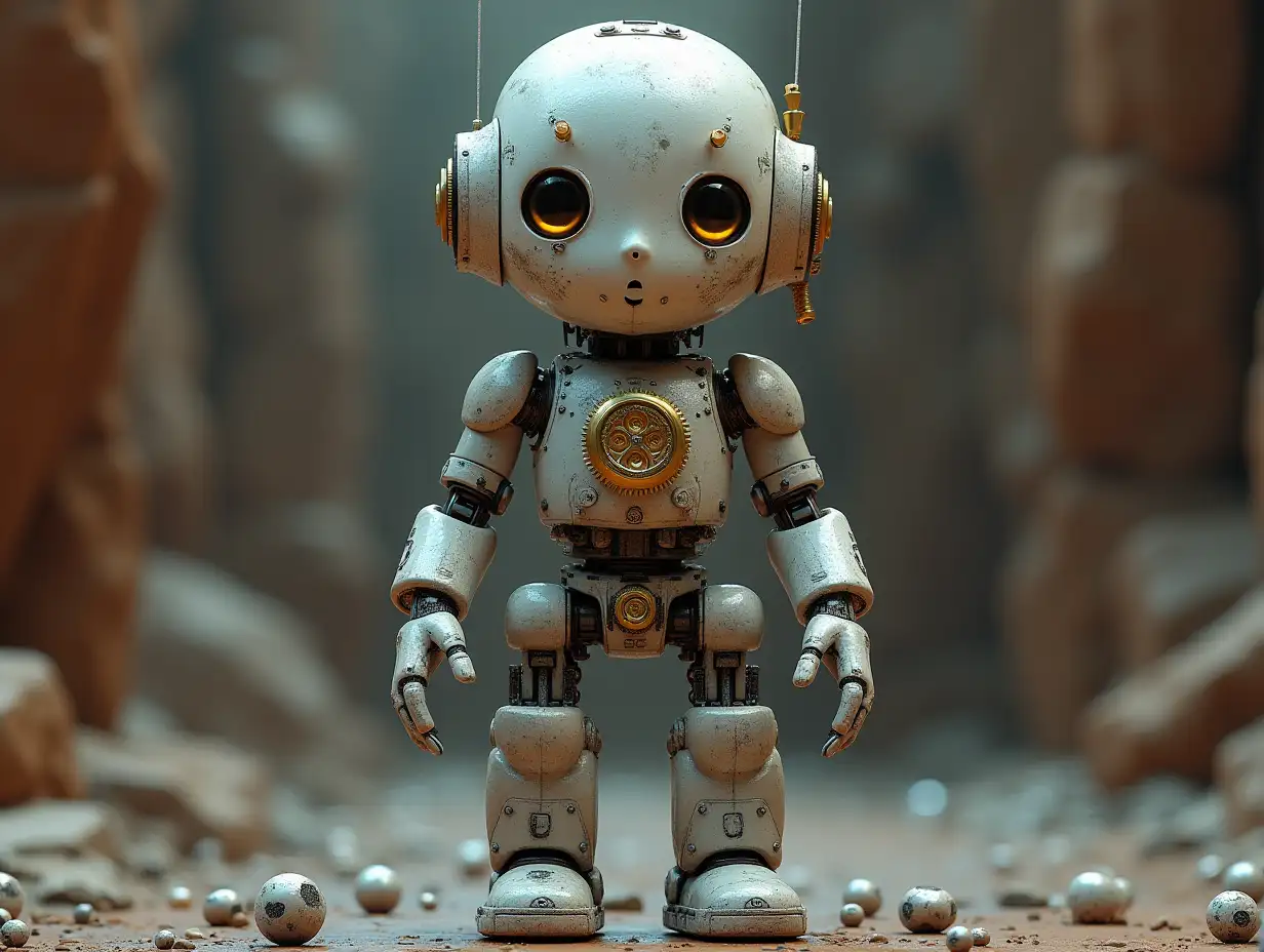 Create a high-resolution, realistic image of the artificial intelligence Robert, three meters tall, with eyes, arms and legs, with gears on the cheeks and glass head with golden visible brain, screws with many glass balls on the floor, Mars 4k resolution with