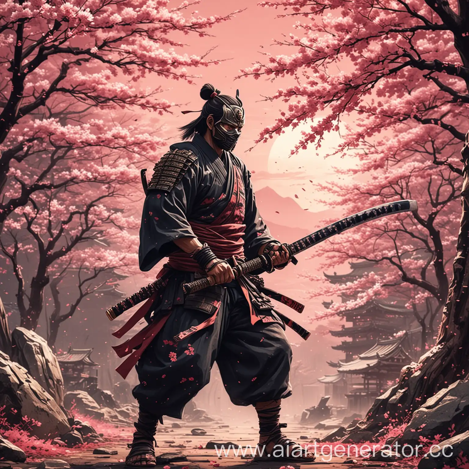 A masked samurai pulls a katana from its scabbard against a sakura background after a battle scene hand-drawn style