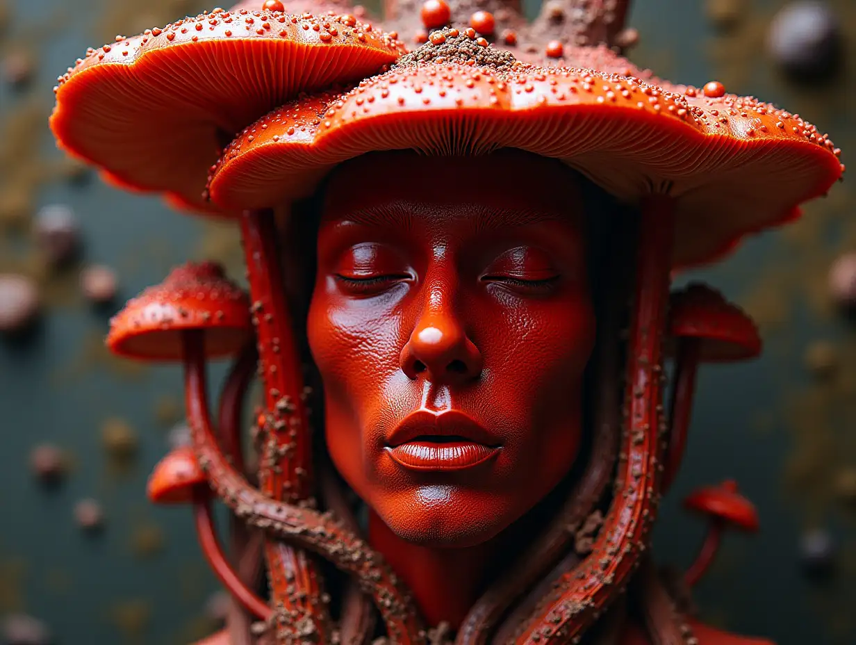 Face transformed into red and mushroom roots in building