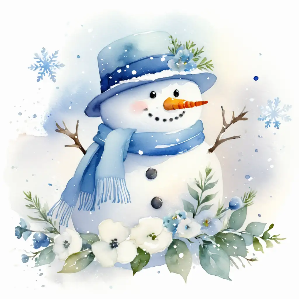 Adorable Snowman with Pale Blue Hat and Scarf in Vintage Watercolor Style