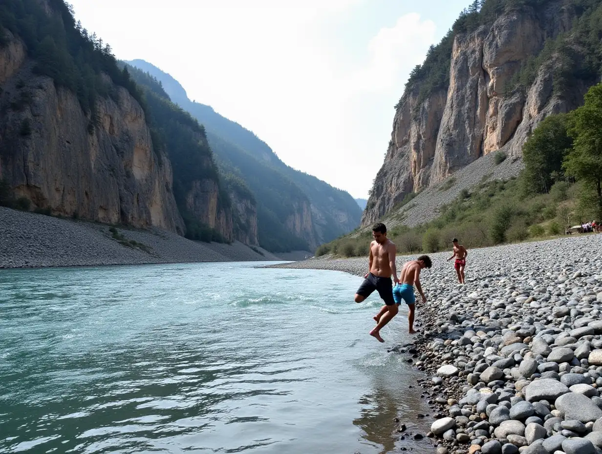 Adventurers Navigating a Serene Mountain River