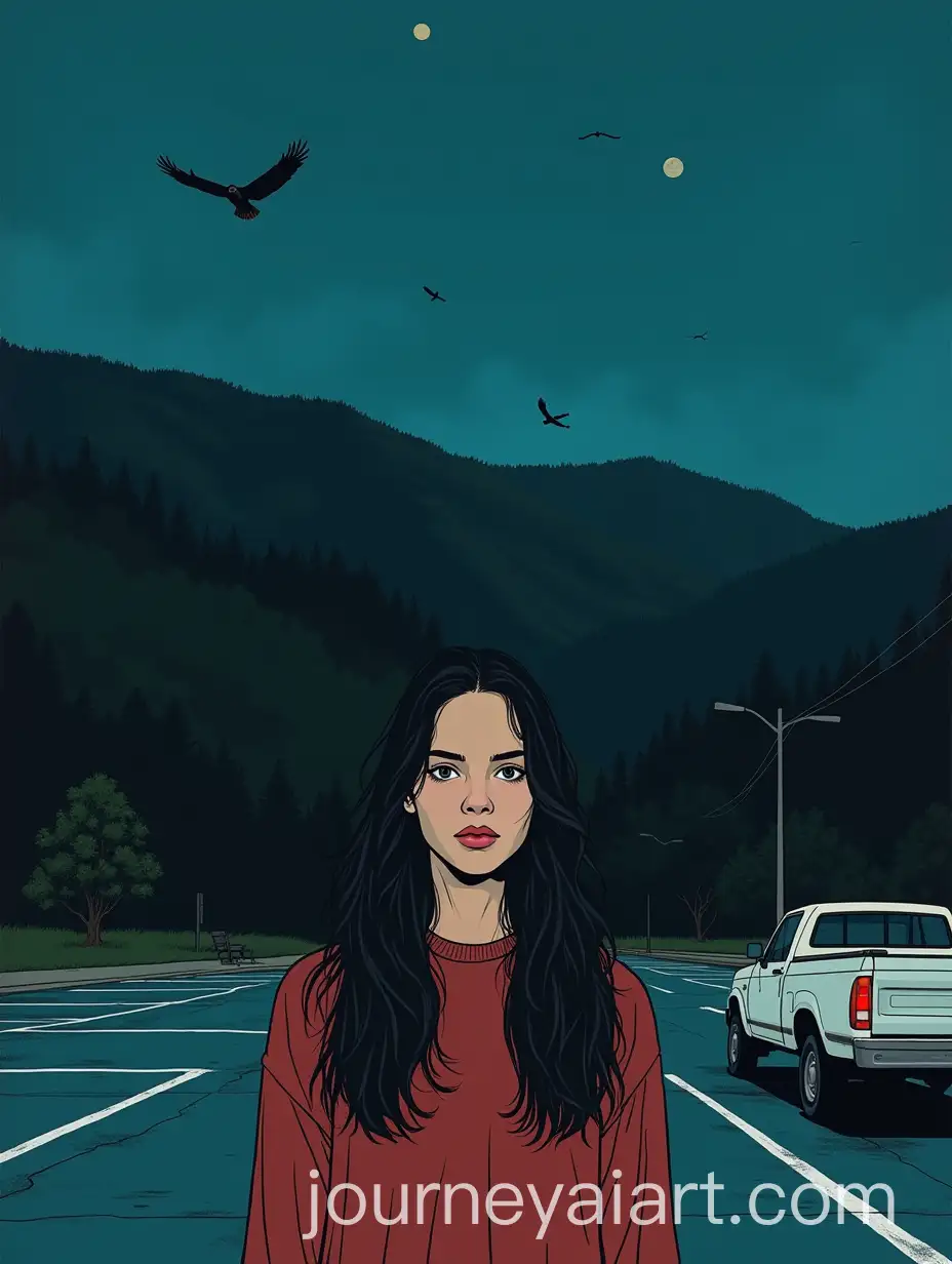 Young-Woman-in-Small-Parking-Lot-with-Vultures-and-Mountains-at-Night
