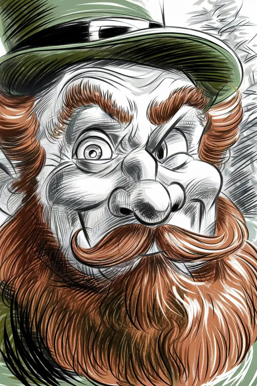 A close-up sketch of a leprechaun's face, focusing on his eyes. One eye is wide open and sparkling with mischief, while the other is playfully winking. He has a bushy red beard and a hint of a green hat peeking into the frame. The style should be a dynamic pencil sketch with expressive lines, emphasizing the emotion in his eyes.