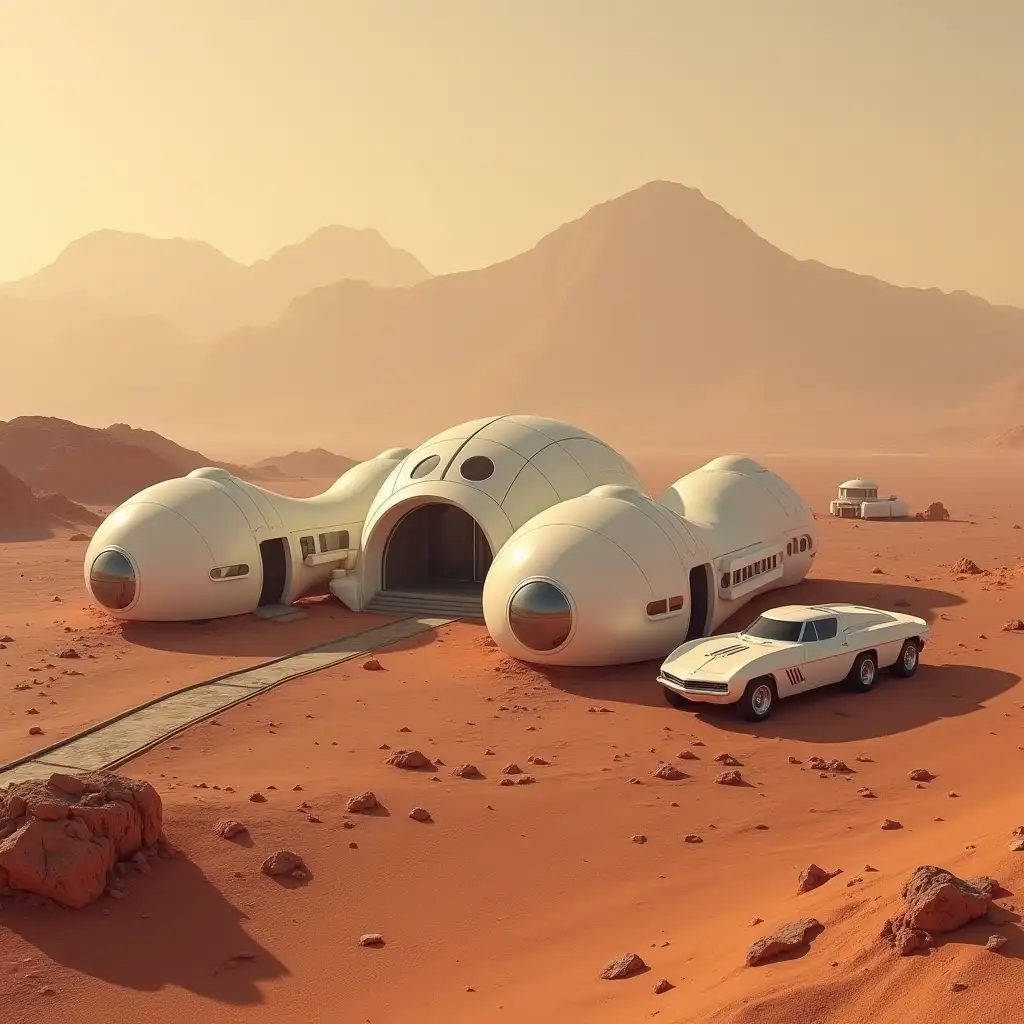 a space base on mars, at the top of mount olympus, consisting of 5 small futuristic buildings, rounded in shape, with a pressurized martian vehicle parked in front. photorealistic