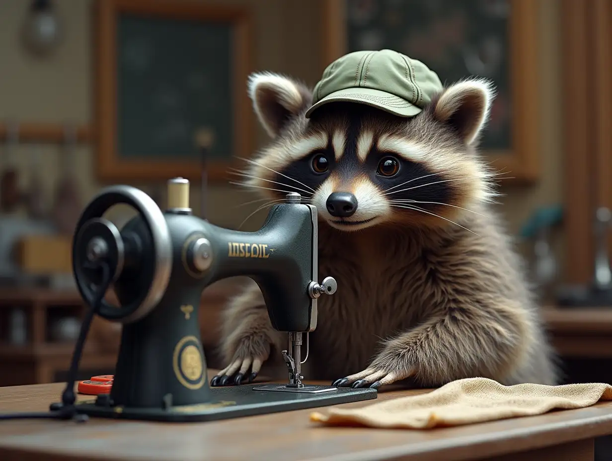 A banner for the holiday 'World Men's Family Underpants Day', the banner depicts a raccoon in a baseball cap and boxer shorts, he sits at a sewing machine and sews, there is a sewing workshop behind him. Realistic image