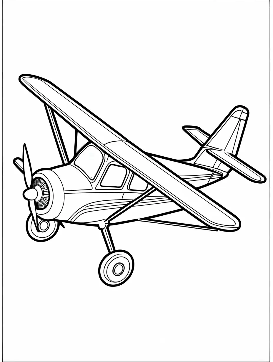 airplane Coloring Page, black and white, line art, white background, Simplicity, Ample White Space. The background of the coloring page is plain white to make it easy for young children to color within the lines. The outlines of all the subjects are easy to distinguish, making it simple for kids to color without too much difficulty