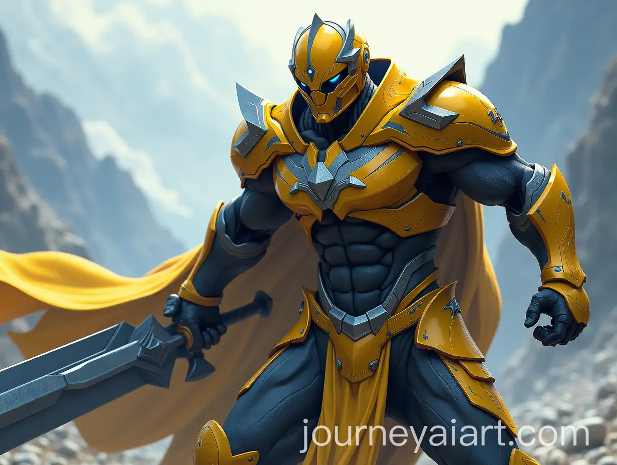 Heroic-Male-Warrior-in-Modern-Yellow-and-Blue-Armor-with-Massive-Blade