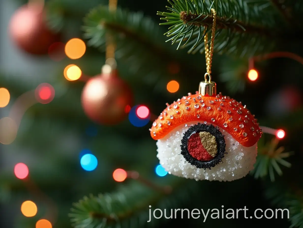 Sparkling-Sushi-Roll-Christmas-Tree-Ornament-with-Colorful-Garlands-and-Bokeh-Effect