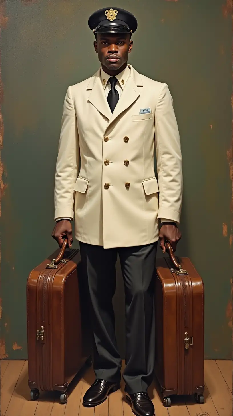 Create an oil painting portrait renaissance style of an African American Pullman porter in 1950s about 35 years old in standard Pullman porter uniform wearing white jacket with high neck collar and single breasted button and black cap carrying three suitcases