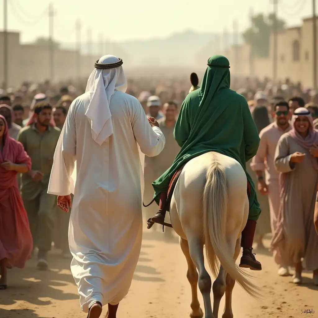 A man in white Arabic clothing, wearing a green abaya and a green cloth on his head, with his back to the camera, is walking with a white horse with his back to the camera towards a large crowd of people, and people are running towards him with joy.