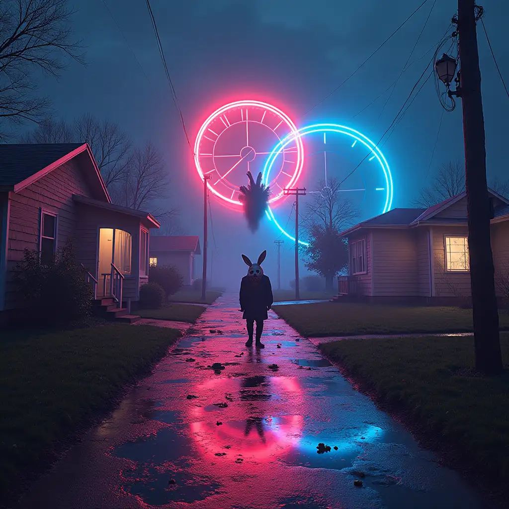 Surreal-Suburban-Thriller-TimeDistorted-Landscape-with-BunnyMasked-Figure