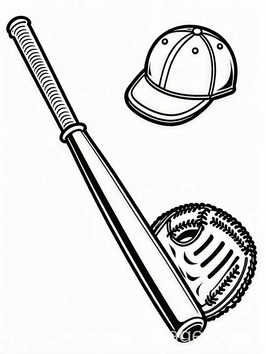 baseball, baseball bat, and baseball mitt with no background, Coloring Page, black and white, line art, white background, Simplicity, Ample White Space. The background of the coloring page is plain white to make it easy for young children to color within the lines. The outlines of all the subjects are easy to distinguish, making it simple for kids to color without too much difficulty