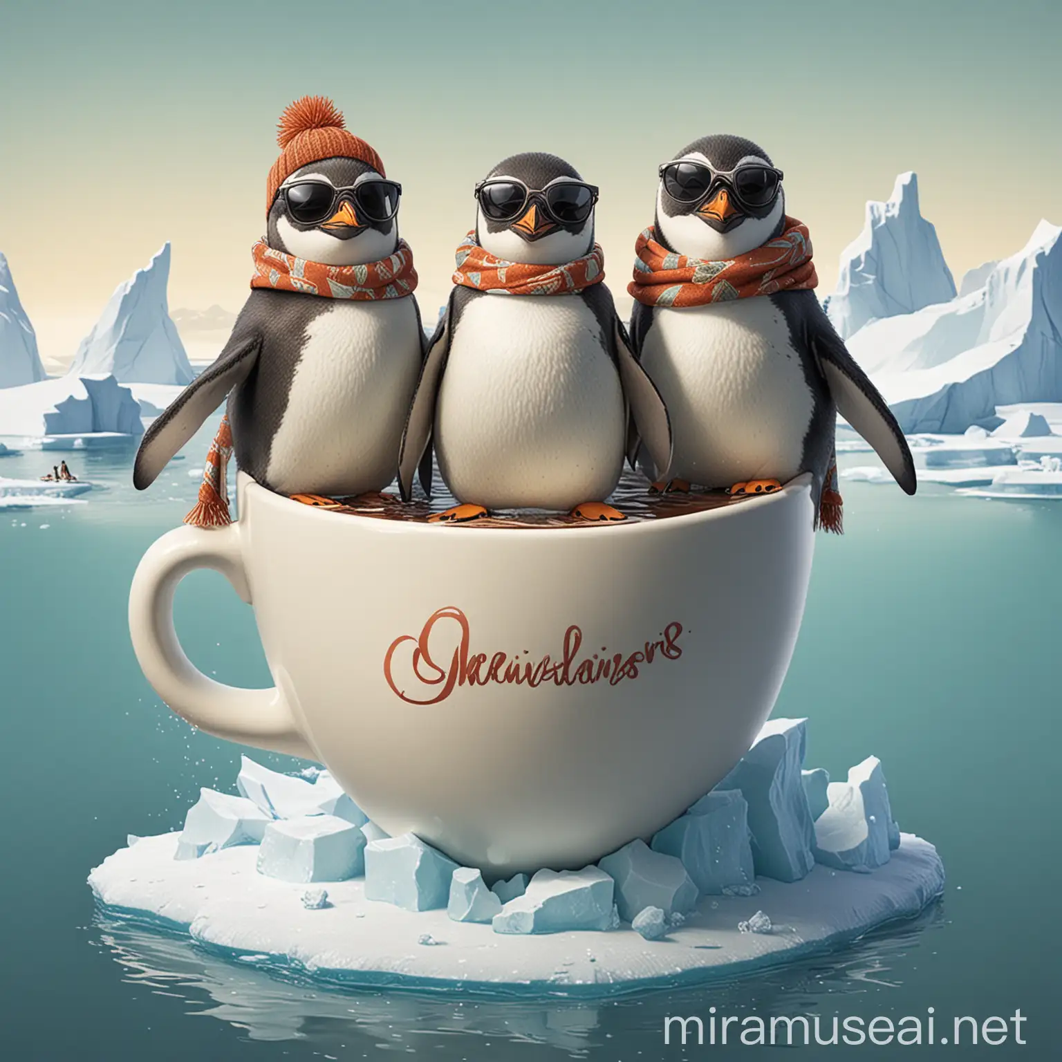 Whimsical Penguins Lounging on Icebergs with Coffee Cups