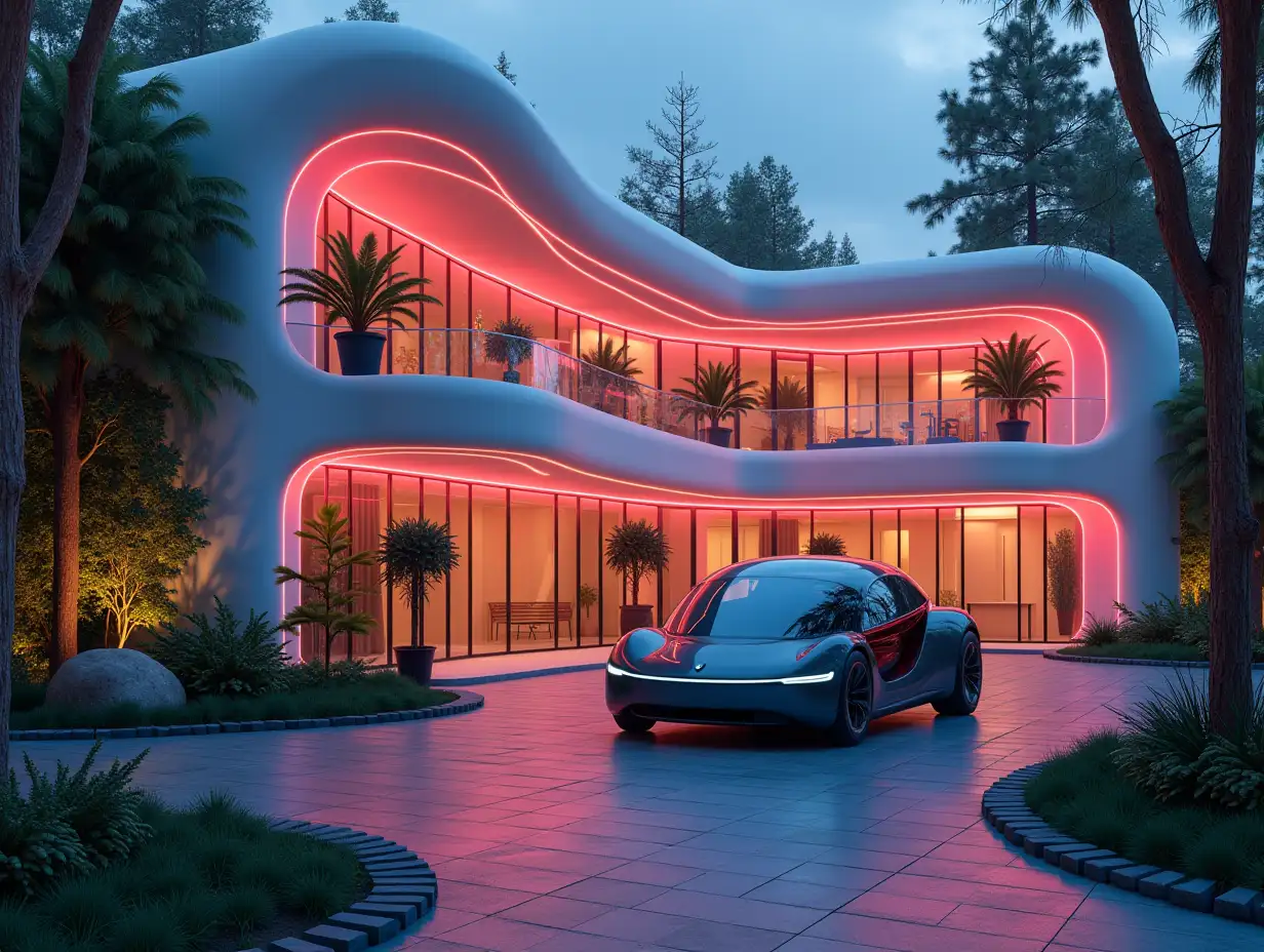 Create a high-resolution, realistic image in 4K resolution of a futuristic illuminated building with different colors of bent columns and many plants and a futuristic vehicle with tinted glass