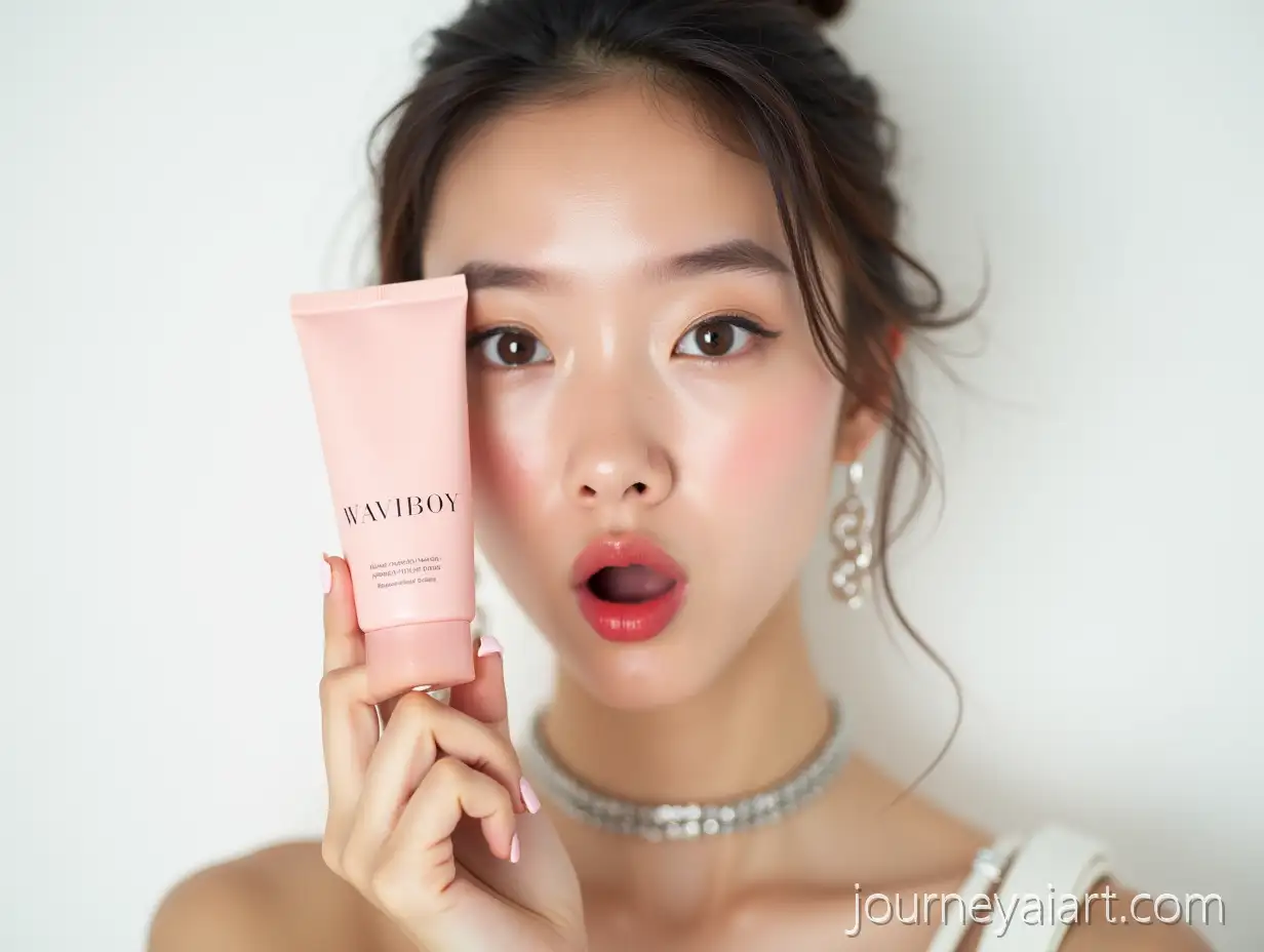 Editorial-Beauty-Portrait-of-Young-Woman-Holding-Pink-Skincare-Product-in-White-Studio