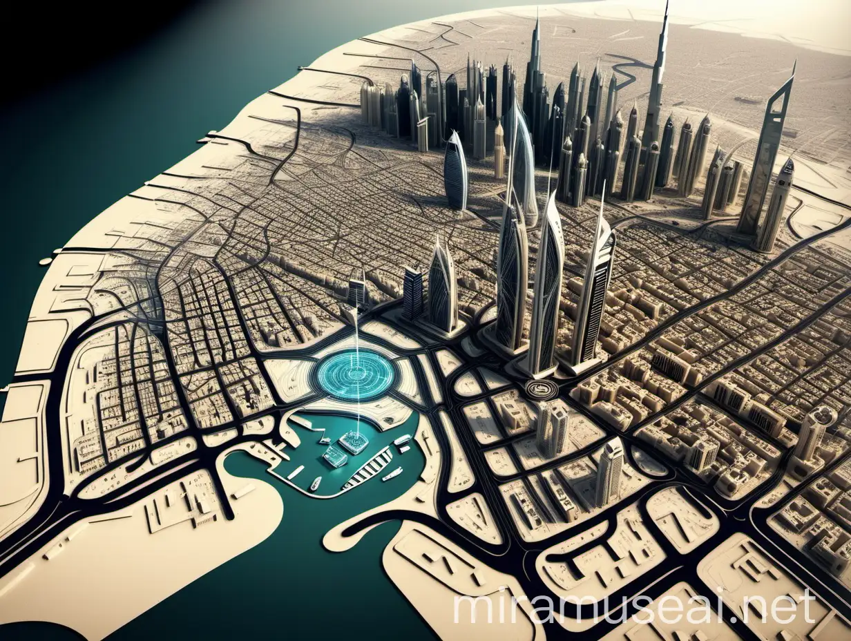 Dubai Map with Microchip Circuits Showing Technological Integration