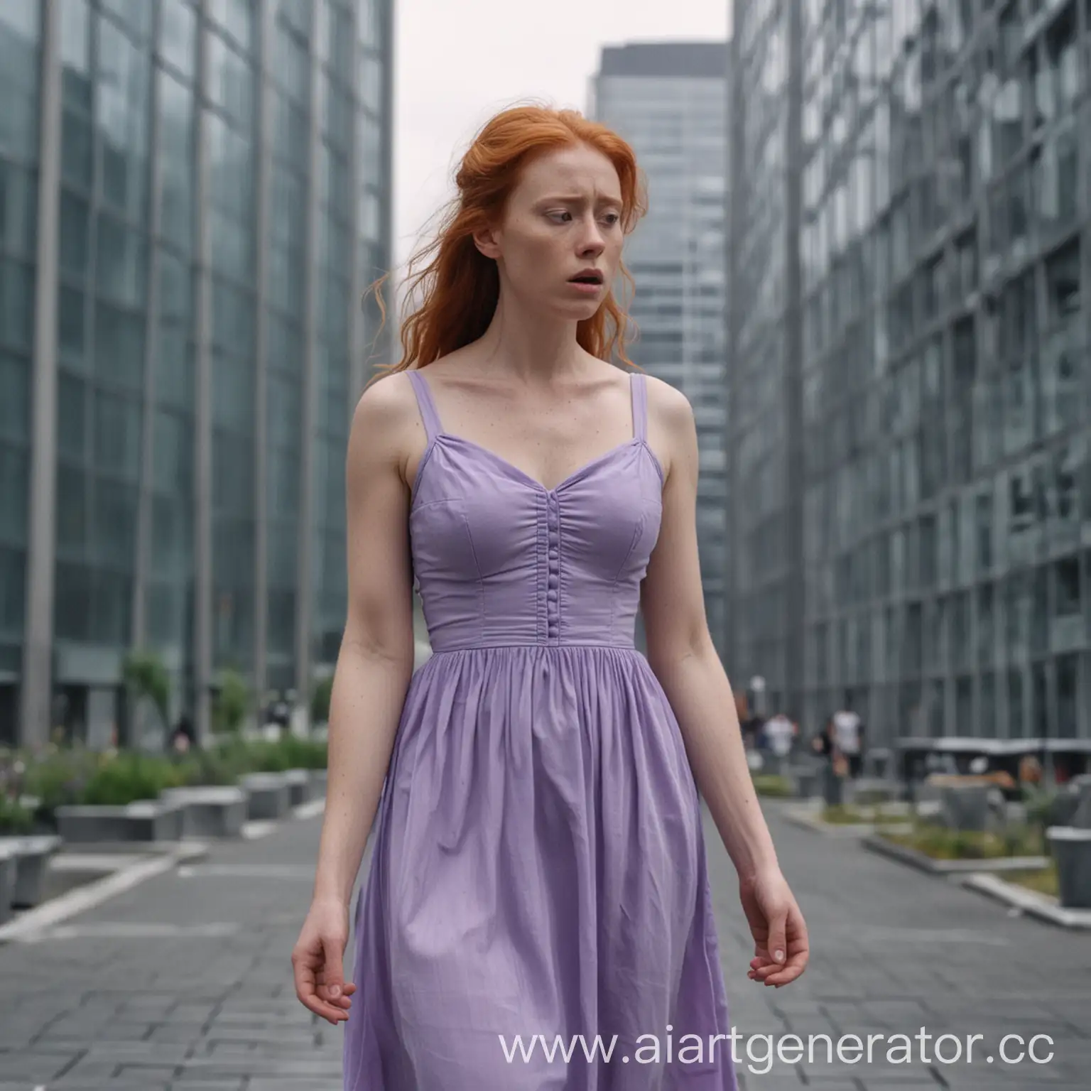 Worried-Ginger-Woman-Walking-in-Urban-Landscape-of-Glass-Buildings