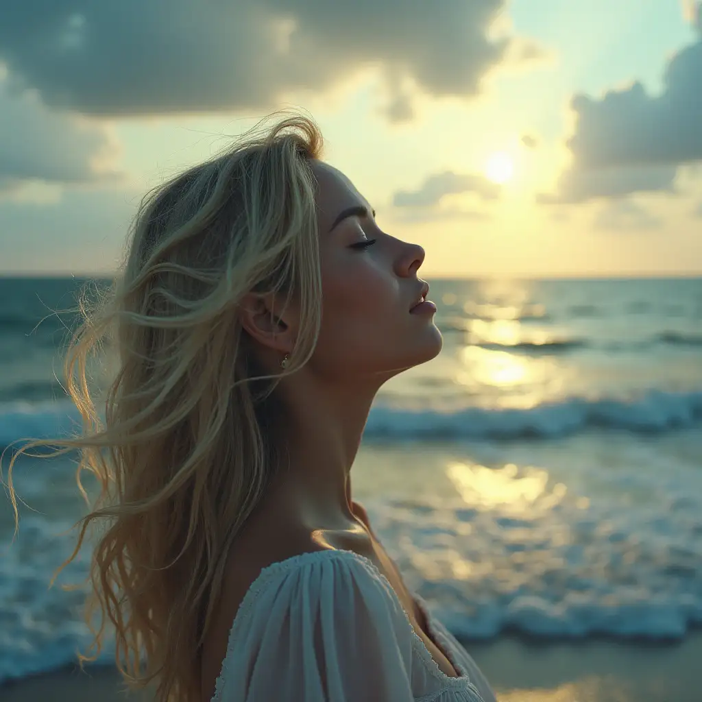 Woman-with-Blonde-Hair-Gazing-Towards-the-Sky-Surrounded-by-Sea-and-Clouds