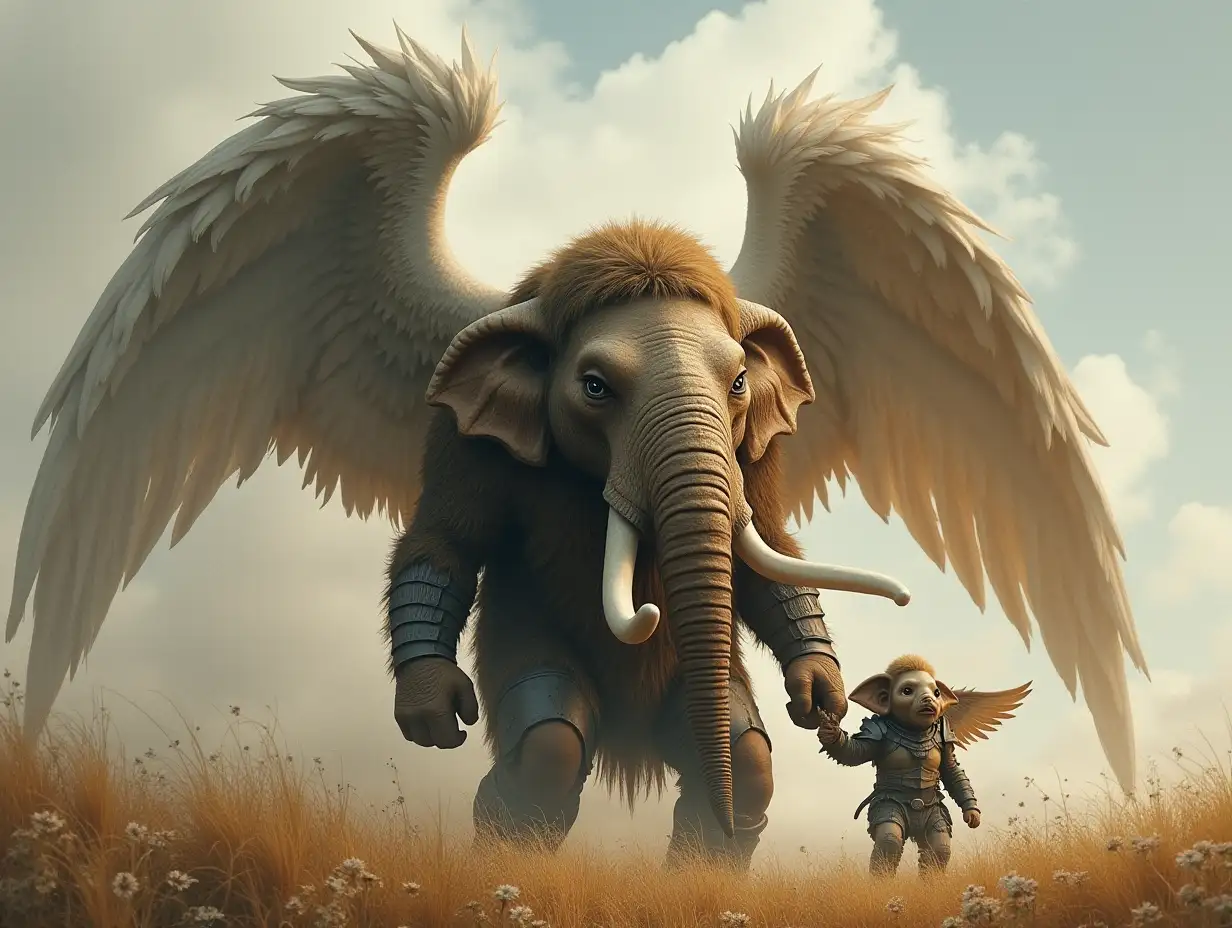 Ki-Fantasy family,Man with angel wings and children giant mammoth face with and with angel wing armor