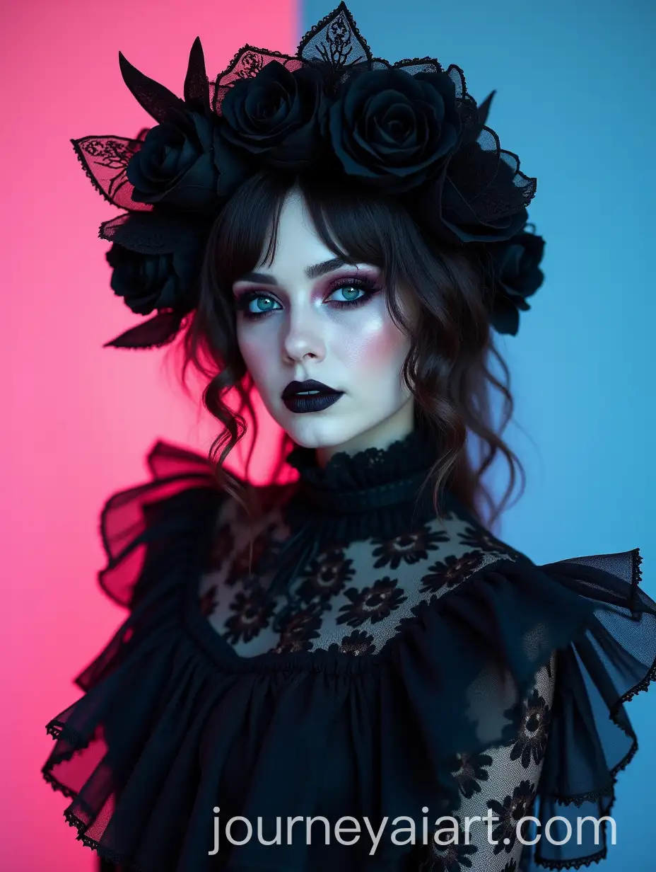 Gothic-Portrait-with-Black-Lace-and-Roses-on-SplitPink-and-Blue-Background