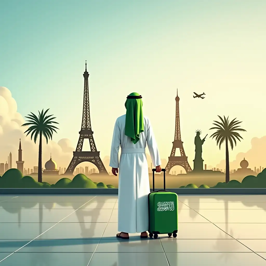 Create a vibrant and professional image representing Saudi Arabia's outbound travel and tourism. The scene should include a mix of modern and traditional elements, such as a Saudi traveler in traditional attire (thobe and ghutra) standing at an international airport, holding a suitcase with a Saudi flag sticker. In the background, show iconic global landmarks like the Eiffel Tower, the Statue of Liberty, and the Burj Khalifa, blended with a desert landscape and a palm tree to reflect Saudi heritage. Use a color palette that combines Saudi national colors (green and white) with warm, inviting tones. The overall style should be modern, professional, and suitable for a corporate presentation, without any text on the image