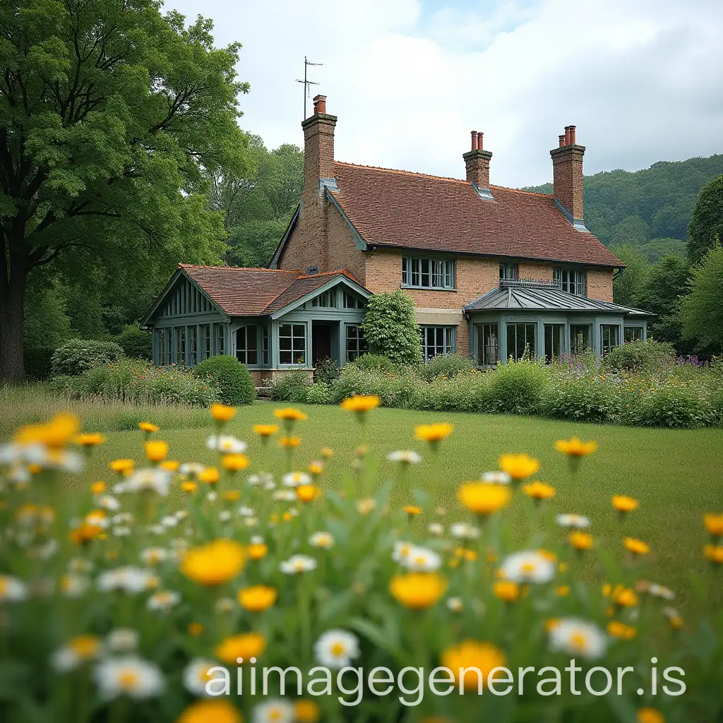 English country cottage with large flower garden and conservatory backing onto an oak forest and surrounded by green fields full of wildflowers.